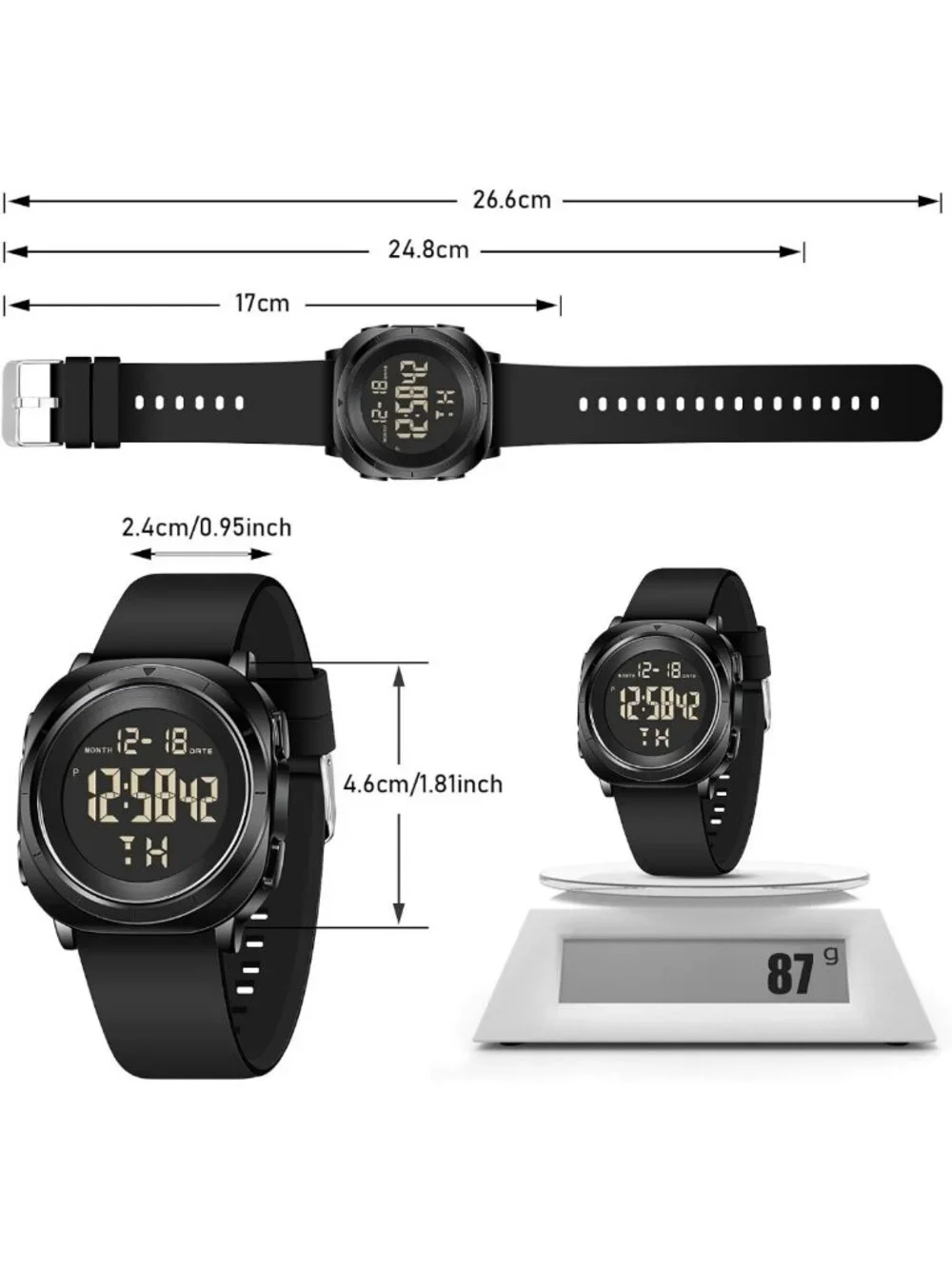 Men's Digital Waterproof Running Watch - Tactical Sports Dive Wristwatch, Black